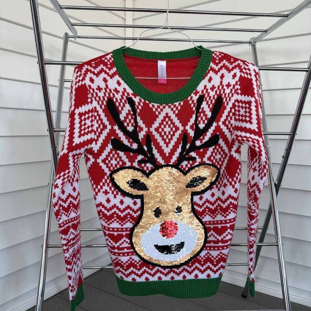 Junior's Misses Ugly Christmas Sweater Reindeer Rudolph Changing Sequins M 7/9